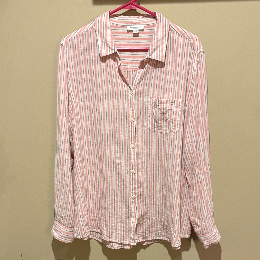 beachlunchlounge Linen blend pink and White Striped Button Down Shirt